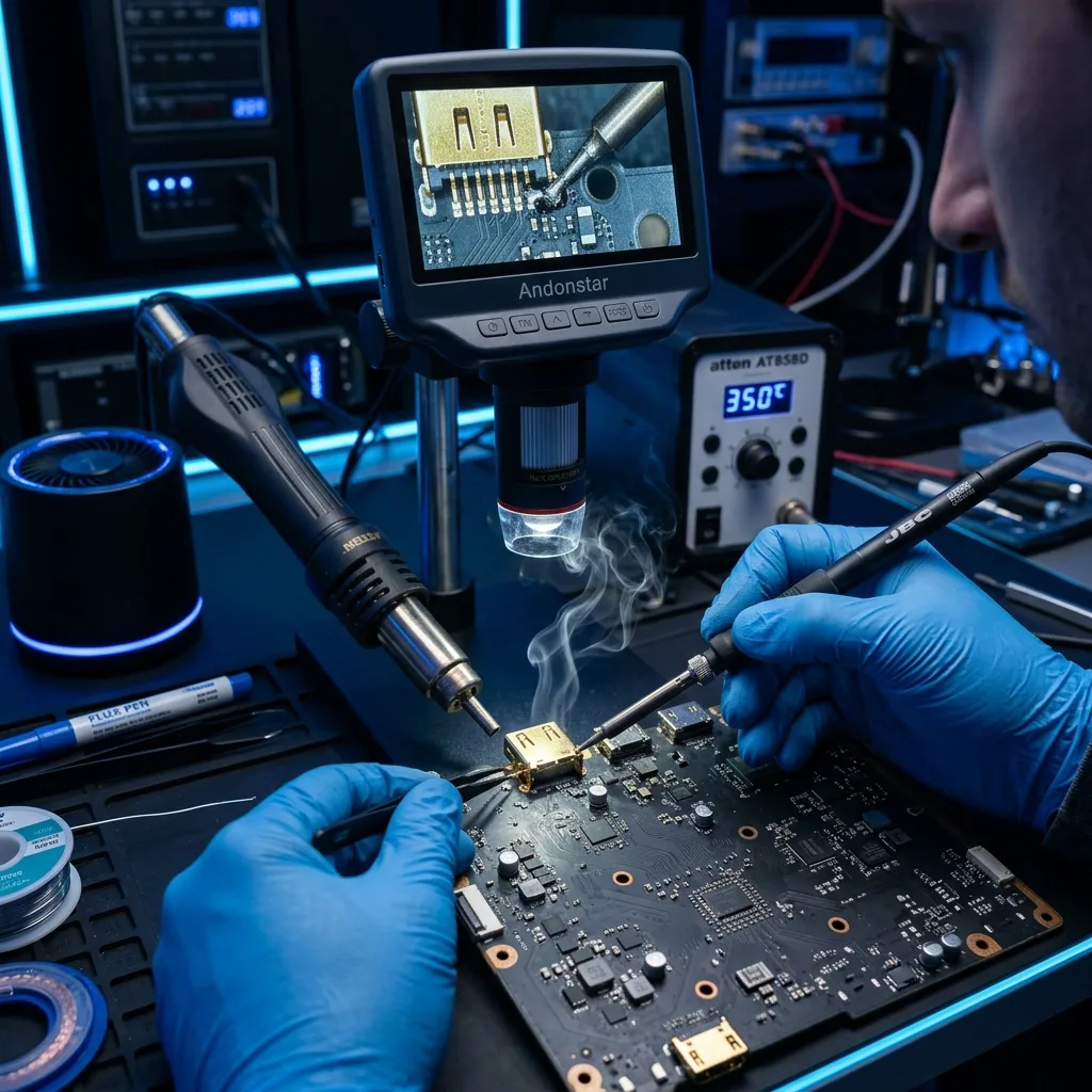 PlayStation 5 HDMI port micro-soldering under digital microscope