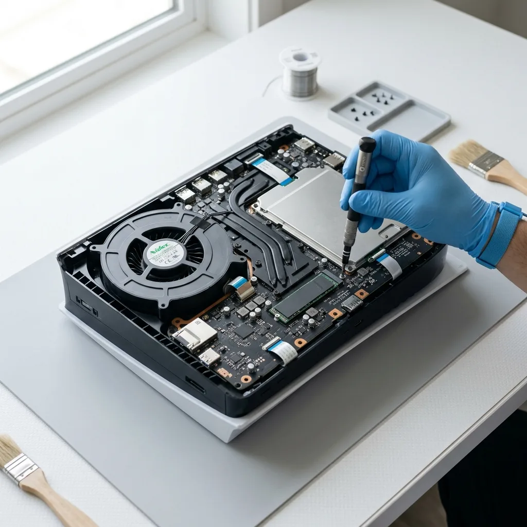 FixPlay technician repairing console motherboard